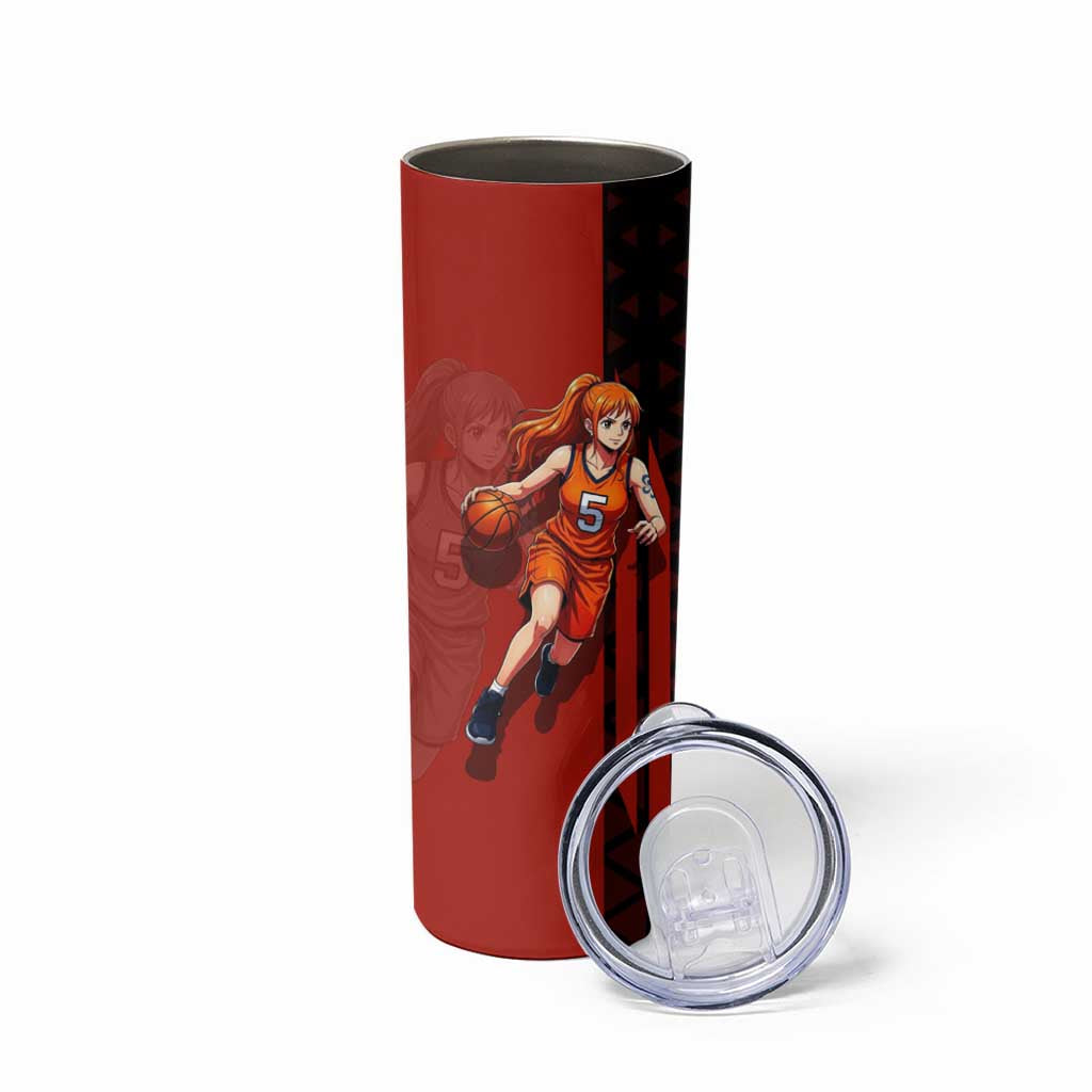 Nami One Piece Basketball Theme Red and Black Design Skinny Tumbler with Action Pose and Straw Hat Logo - The Mazicc
