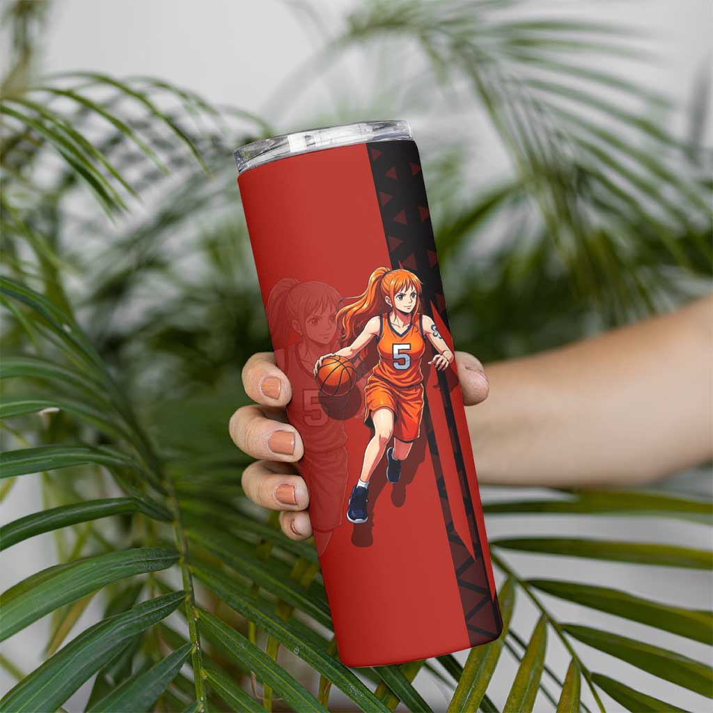 Nami One Piece Basketball Theme Red and Black Design Skinny Tumbler with Action Pose and Straw Hat Logo - The Mazicc