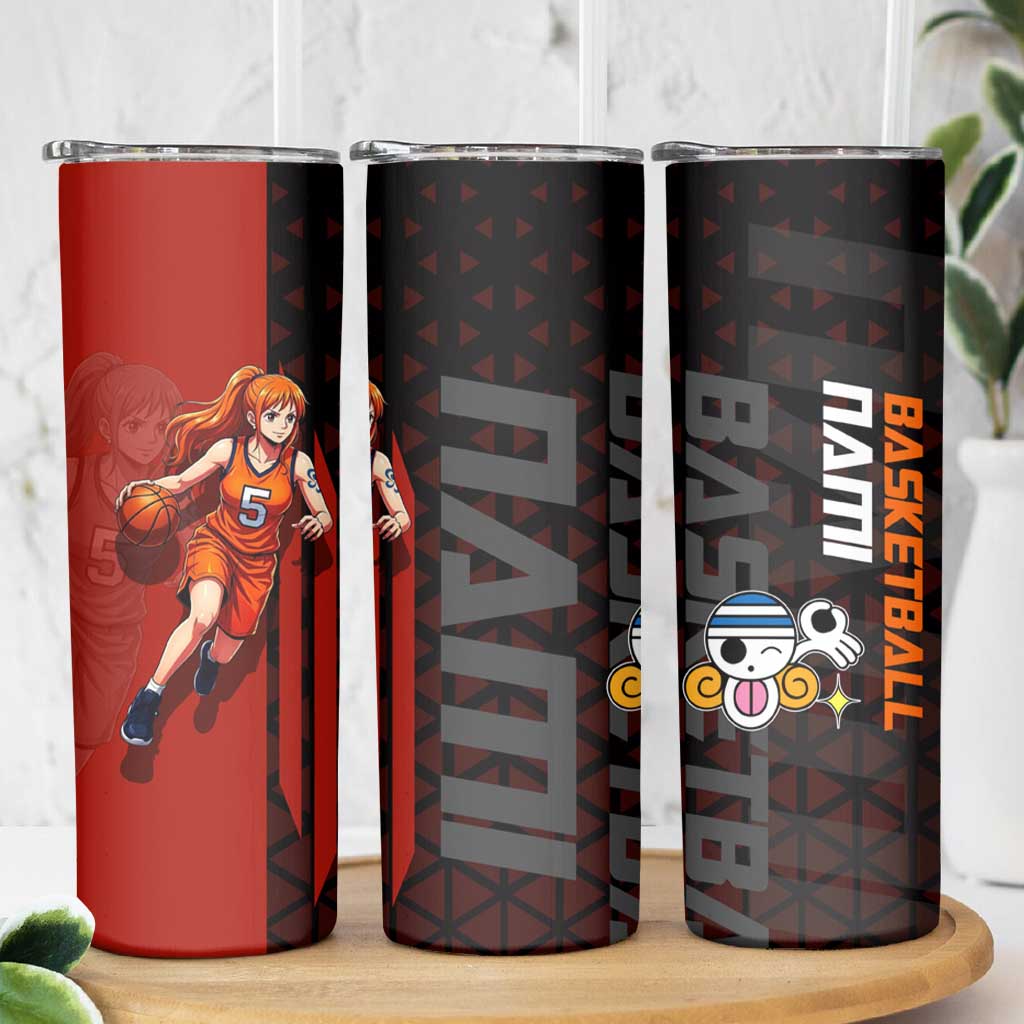 Nami One Piece Basketball Theme Red and Black Design Skinny Tumbler with Action Pose and Straw Hat Logo - The Mazicc
