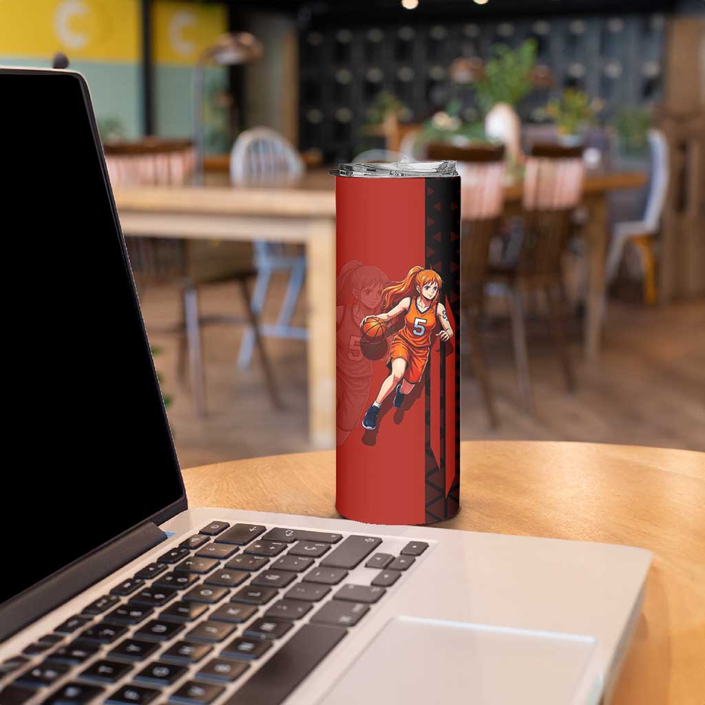 Nami One Piece Basketball Theme Red and Black Design Skinny Tumbler with Action Pose and Straw Hat Logo - The Mazicc