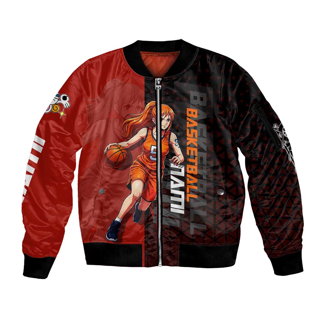 Nami One Piece Basketball Theme Red and Black Design Sleeve Zip Bomber Jacket with Action Pose and Straw Hat Logo - The Mazicc