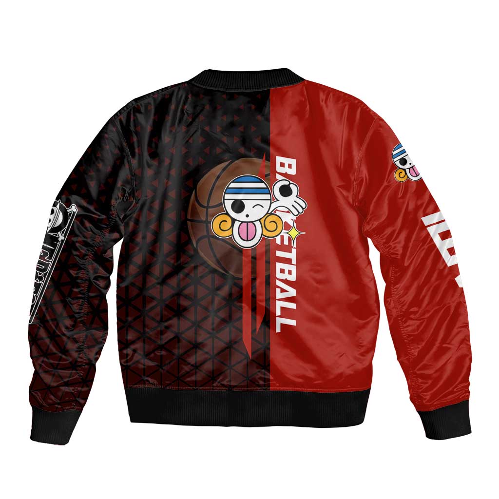 Nami One Piece Basketball Theme Red and Black Design Sleeve Zip Bomber Jacket with Action Pose and Straw Hat Logo - The Mazicc