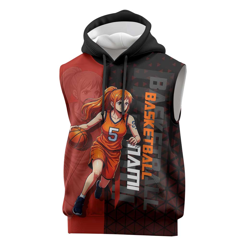 Nami One Piece Basketball Theme Red and Black Design Sleeveless Hoodie with Action Pose and Straw Hat Logo - The Mazicc