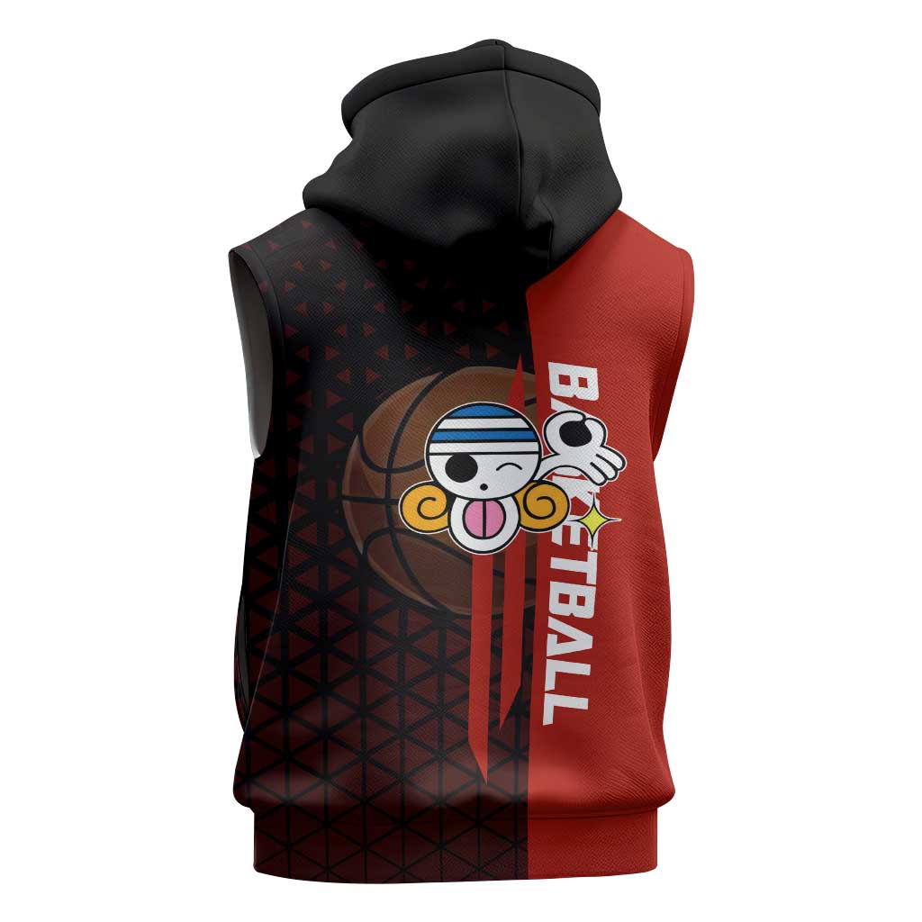 Nami One Piece Basketball Theme Red and Black Design Sleeveless Hoodie with Action Pose and Straw Hat Logo - The Mazicc