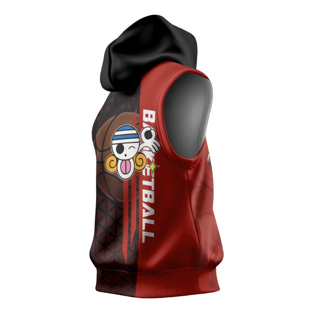 Nami One Piece Basketball Theme Red and Black Design Sleeveless Hoodie with Action Pose and Straw Hat Logo - The Mazicc