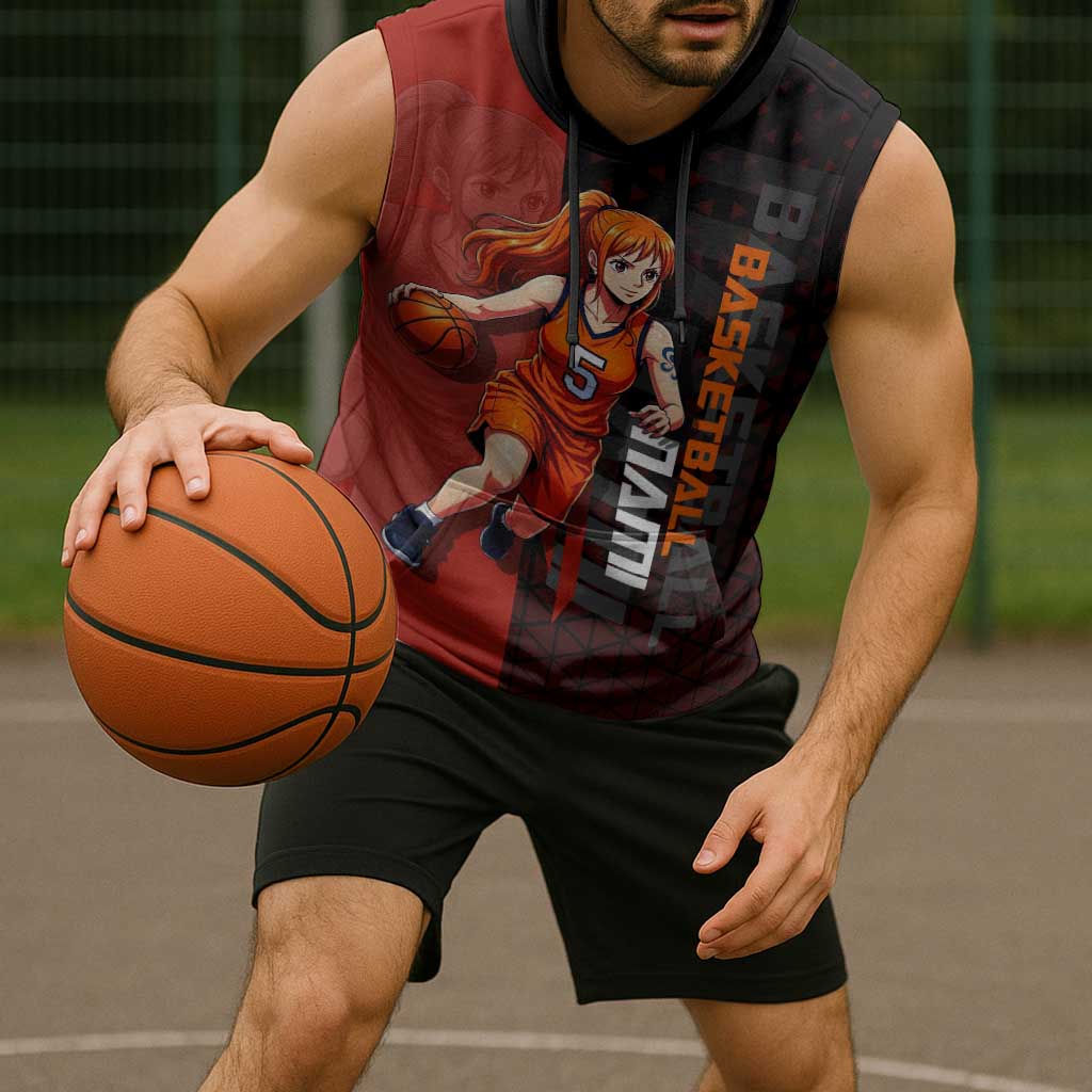 Nami One Piece Basketball Theme Red and Black Design Sleeveless Hoodie with Action Pose and Straw Hat Logo - The Mazicc