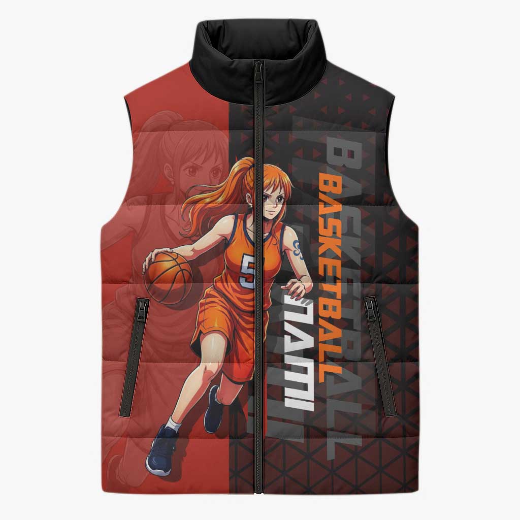Nami One Piece Basketball Theme Red and Black Design Sleeveless Puffer Jacket with Action Pose and Straw Hat Logo - The Mazicc