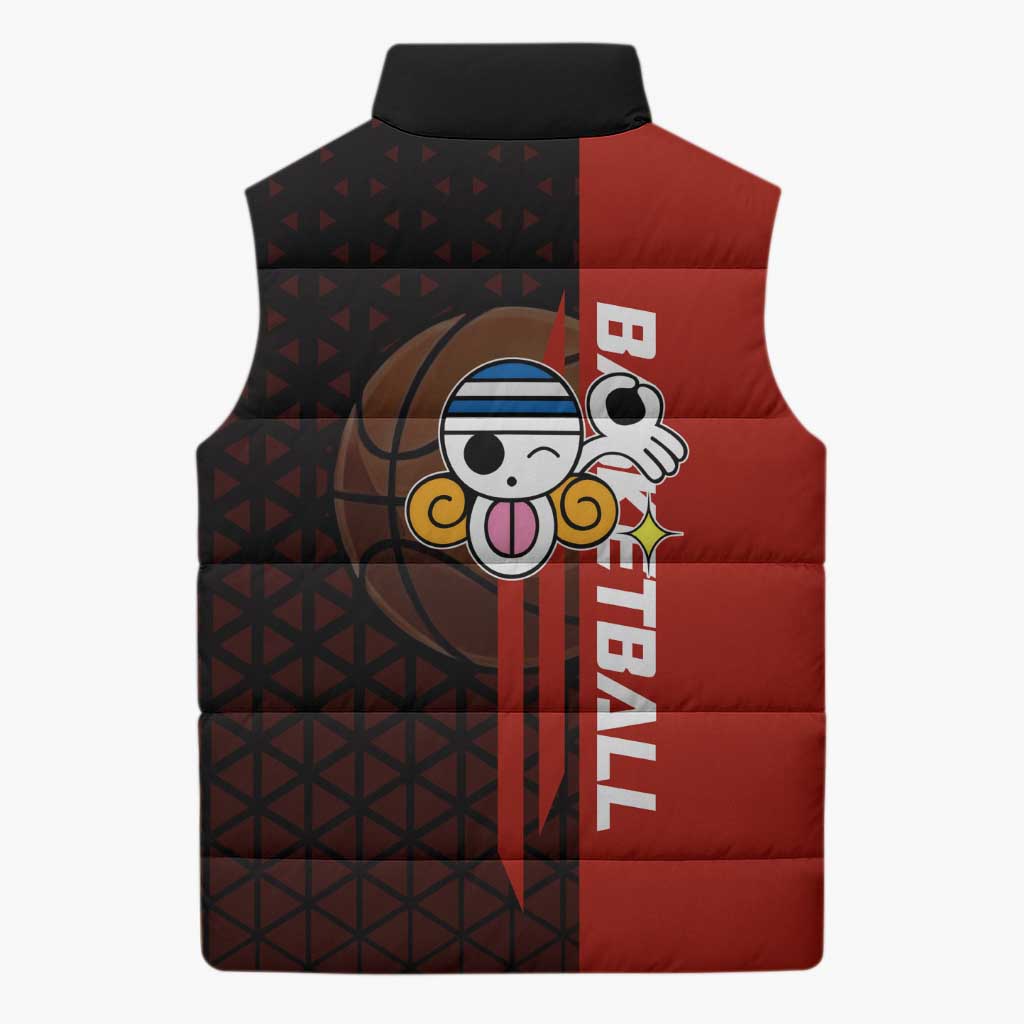 Nami One Piece Basketball Theme Red and Black Design Sleeveless Puffer Jacket with Action Pose and Straw Hat Logo - The Mazicc