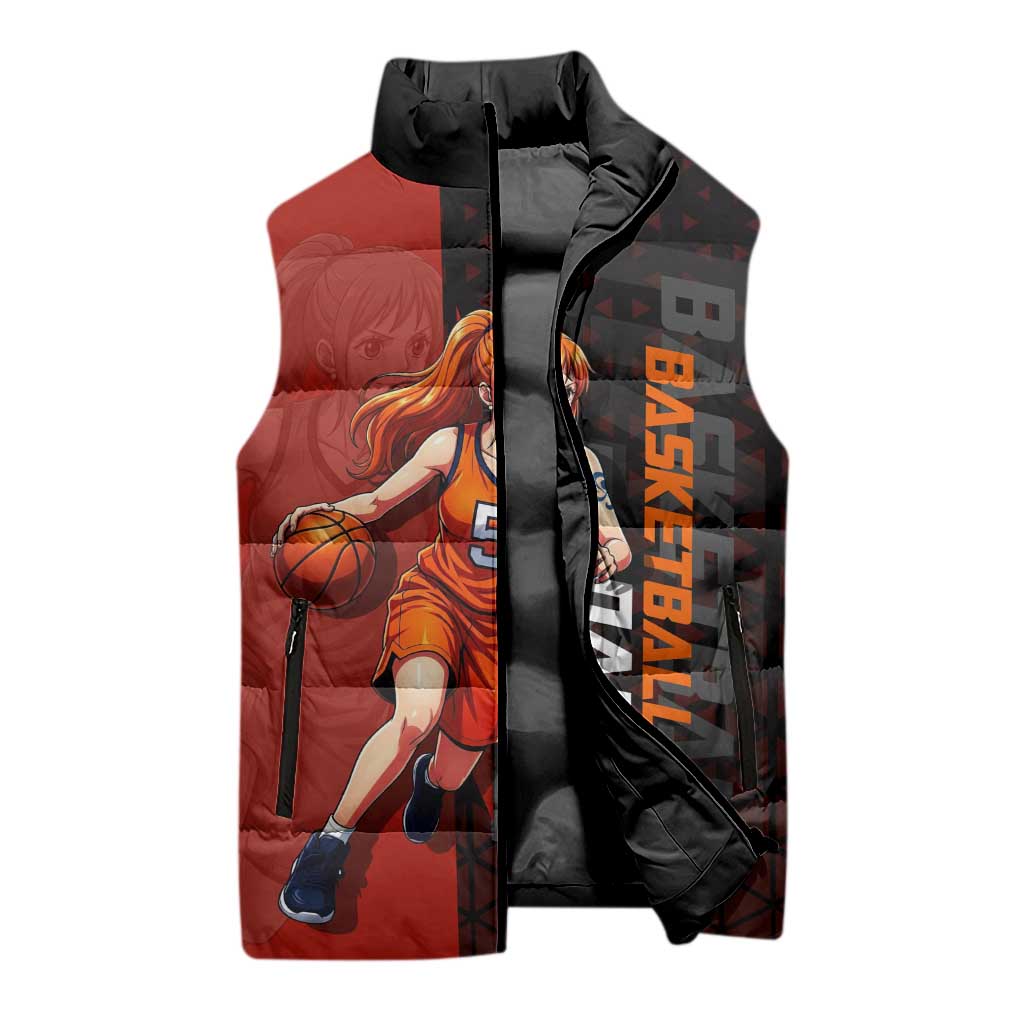 Nami One Piece Basketball Theme Red and Black Design Sleeveless Puffer Jacket with Action Pose and Straw Hat Logo - The Mazicc