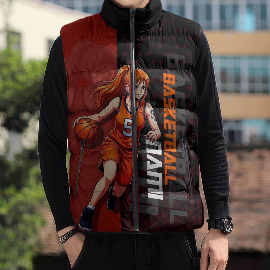 Nami One Piece Basketball Theme Red and Black Design Sleeveless Puffer Jacket with Action Pose and Straw Hat Logo - The Mazicc