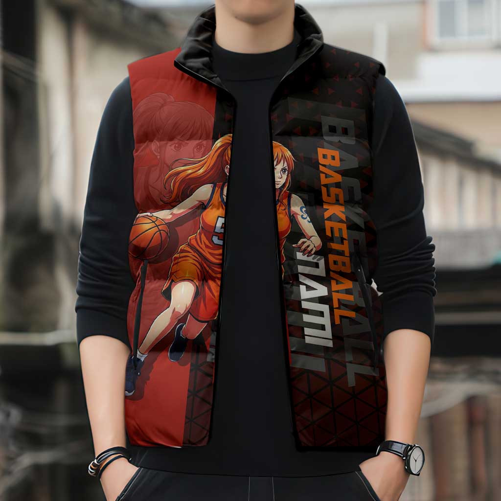 Nami One Piece Basketball Theme Red and Black Design Sleeveless Puffer Jacket with Action Pose and Straw Hat Logo - The Mazicc