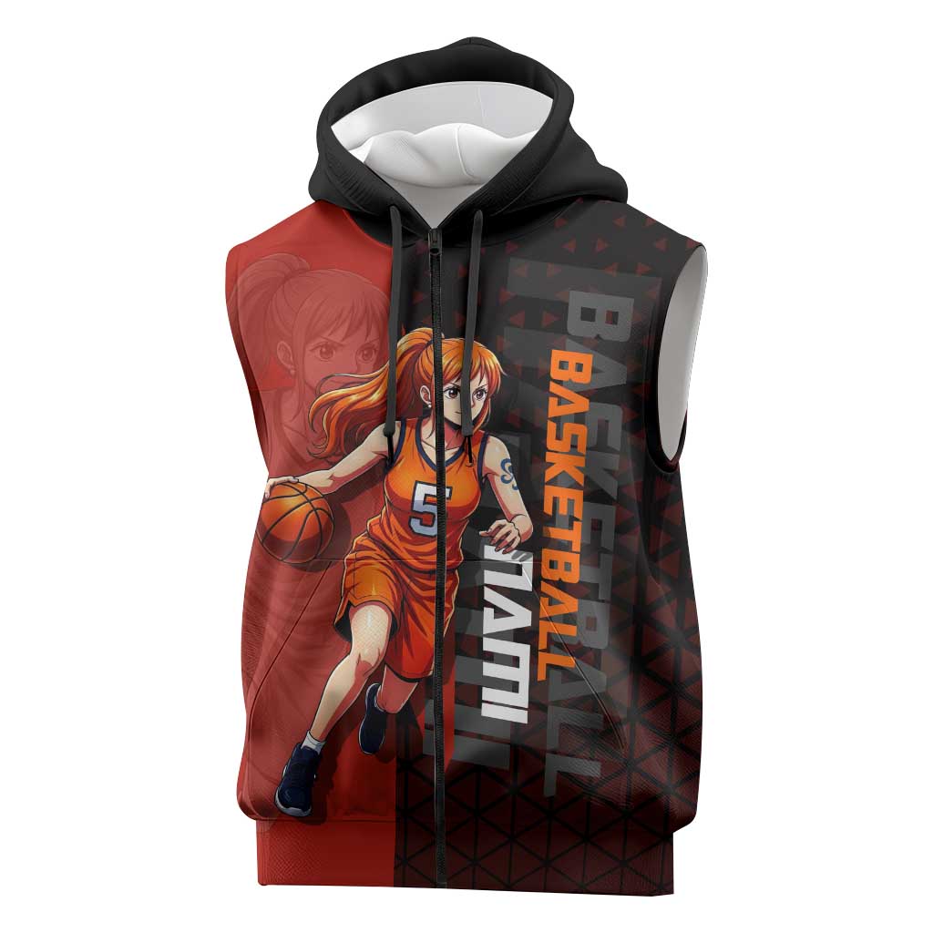 Nami One Piece Basketball Theme Red and Black Design Sleeveless Zip Hoodie with Action Pose and Straw Hat Logo - The Mazicc