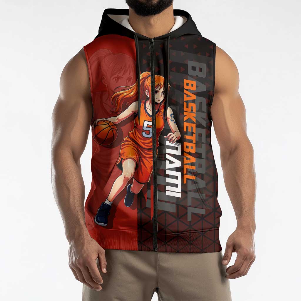 Nami One Piece Basketball Theme Red and Black Design Sleeveless Zip Hoodie with Action Pose and Straw Hat Logo - The Mazicc
