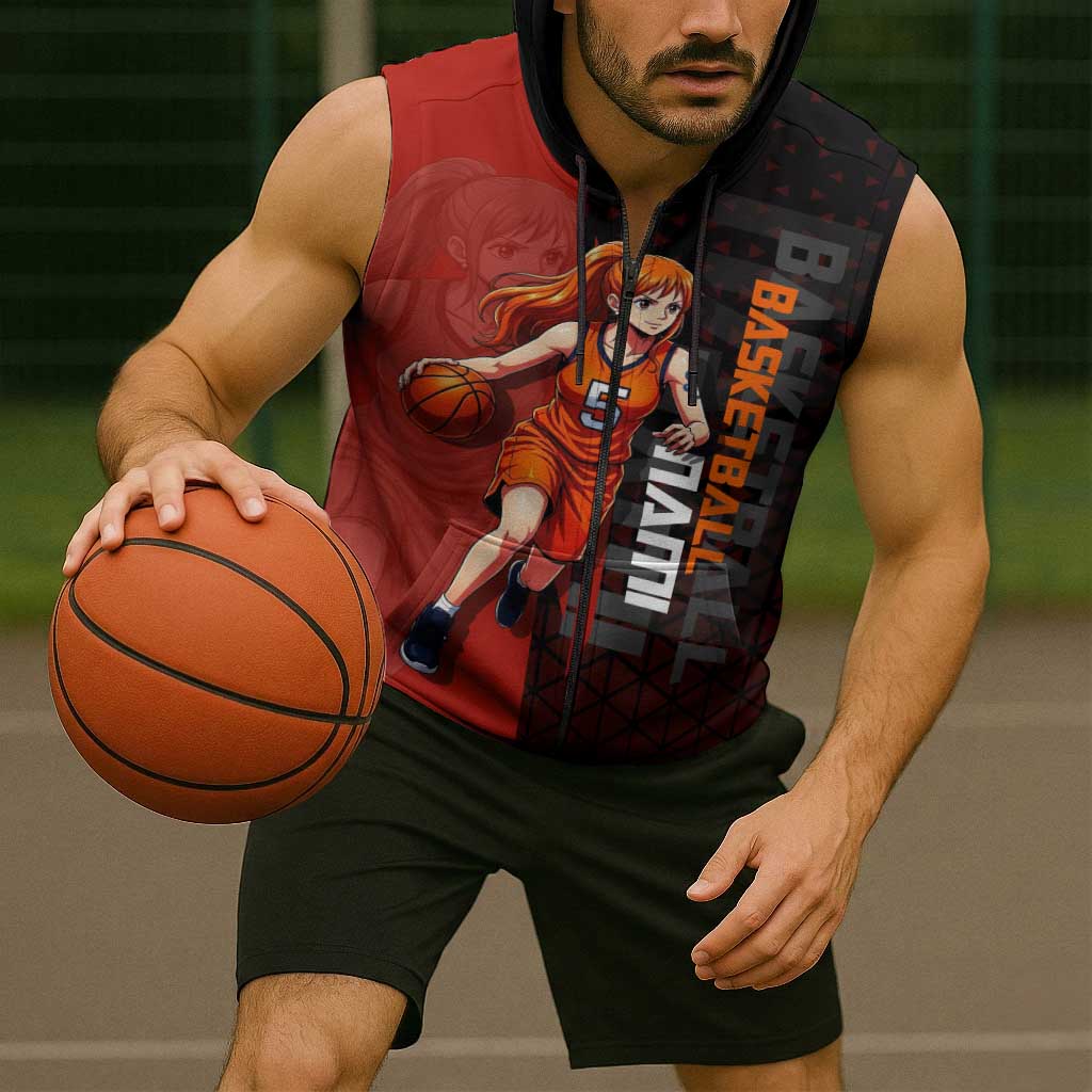 Nami One Piece Basketball Theme Red and Black Design Sleeveless Zip Hoodie with Action Pose and Straw Hat Logo - The Mazicc