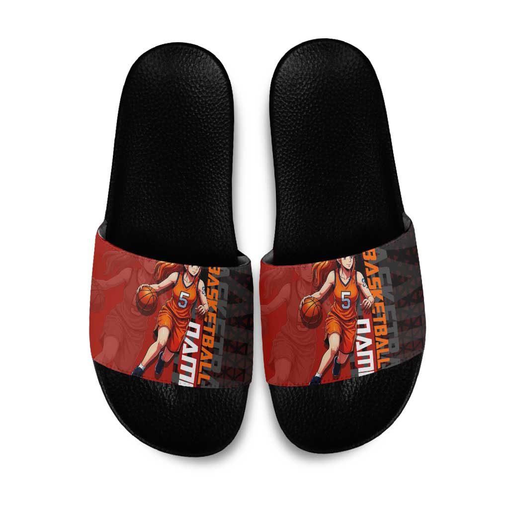 Nami One Piece Basketball Theme Red and Black Design Slide Sandals with Action Pose and Straw Hat Logo - The Mazicc