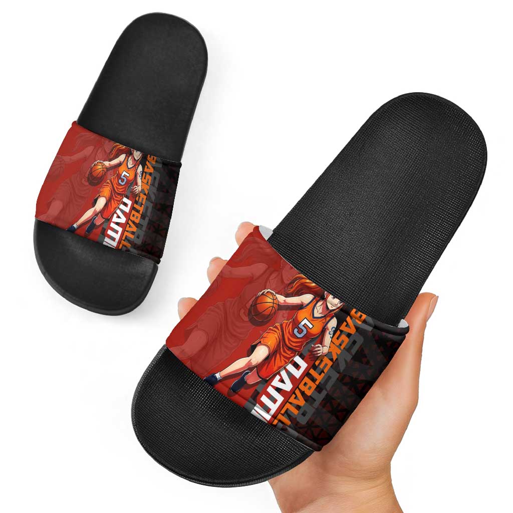 Nami One Piece Basketball Theme Red and Black Design Slide Sandals with Action Pose and Straw Hat Logo - The Mazicc