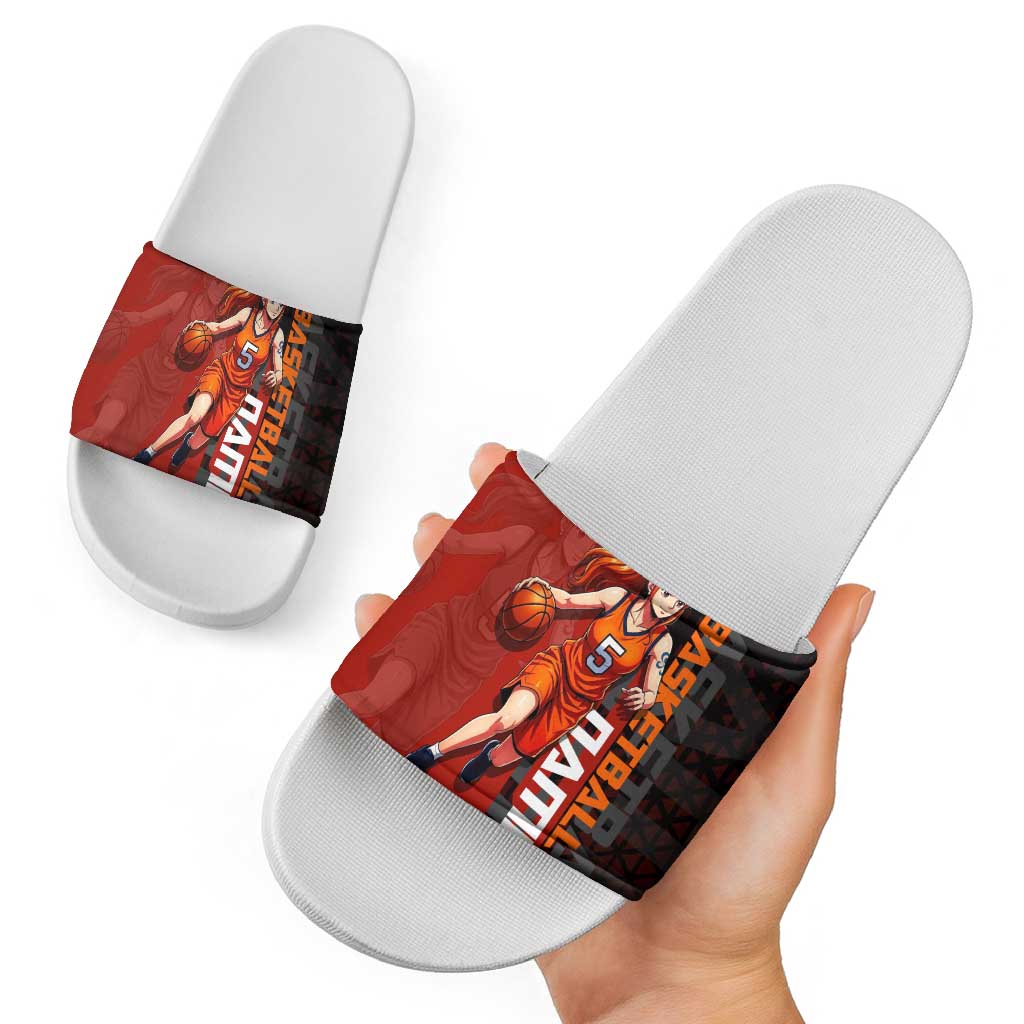Nami One Piece Basketball Theme Red and Black Design Slide Sandals with Action Pose and Straw Hat Logo - The Mazicc