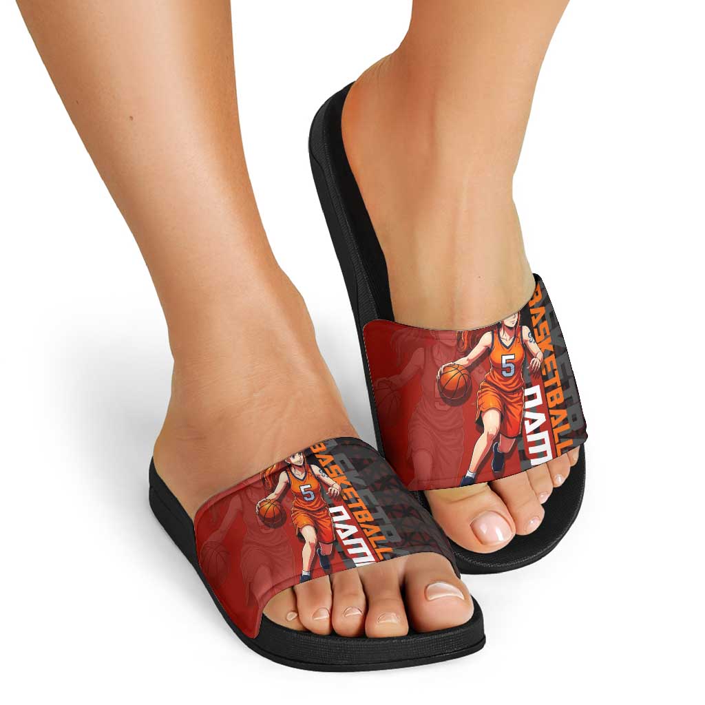 Nami One Piece Basketball Theme Red and Black Design Slide Sandals with Action Pose and Straw Hat Logo - The Mazicc