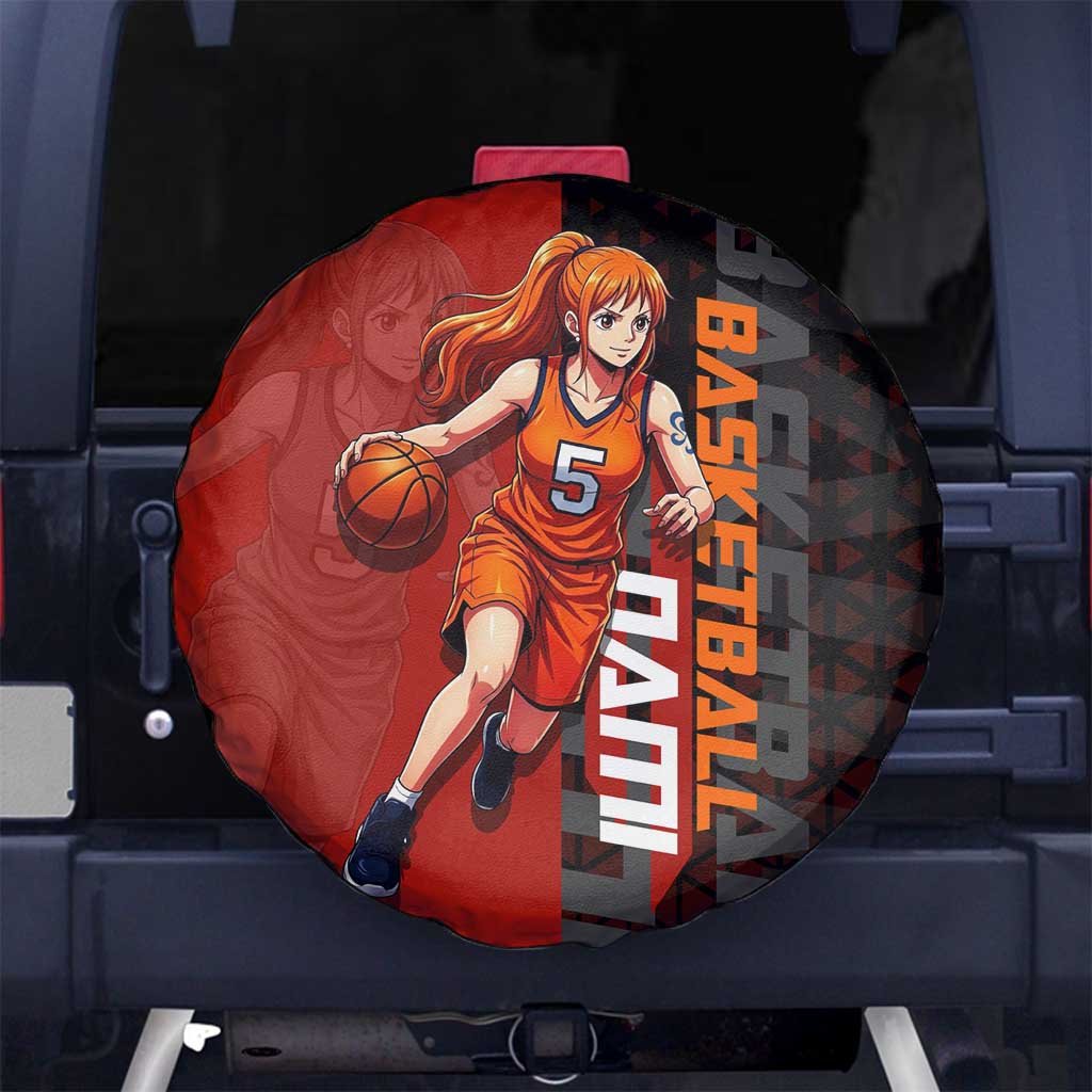 Nami One Piece Basketball Theme Red and Black Design Spare Tire Cover with Action Pose and Straw Hat Logo - The Mazicc