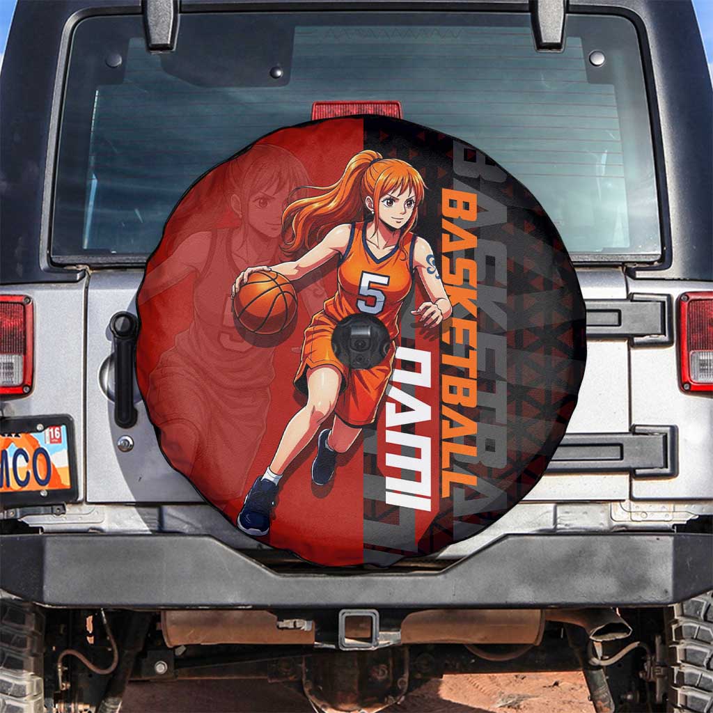 Nami One Piece Basketball Theme Red and Black Design Spare Tire Cover with Action Pose and Straw Hat Logo - The Mazicc