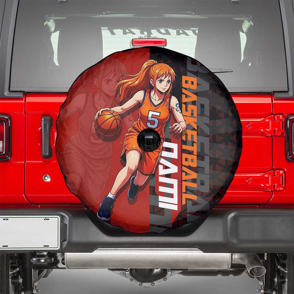 Nami One Piece Basketball Theme Red and Black Design Spare Tire Cover with Action Pose and Straw Hat Logo - The Mazicc