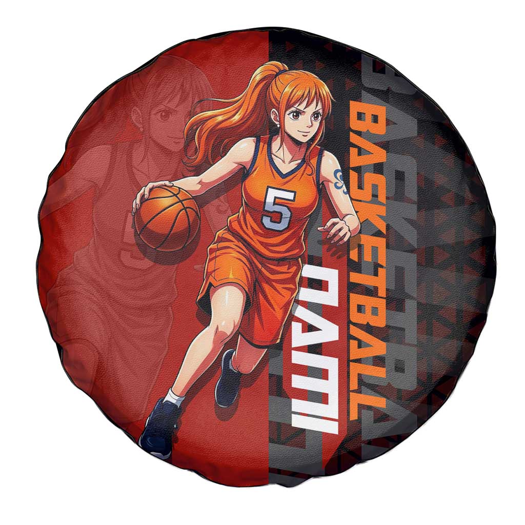 Nami One Piece Basketball Theme Red and Black Design Spare Tire Cover with Action Pose and Straw Hat Logo - The Mazicc