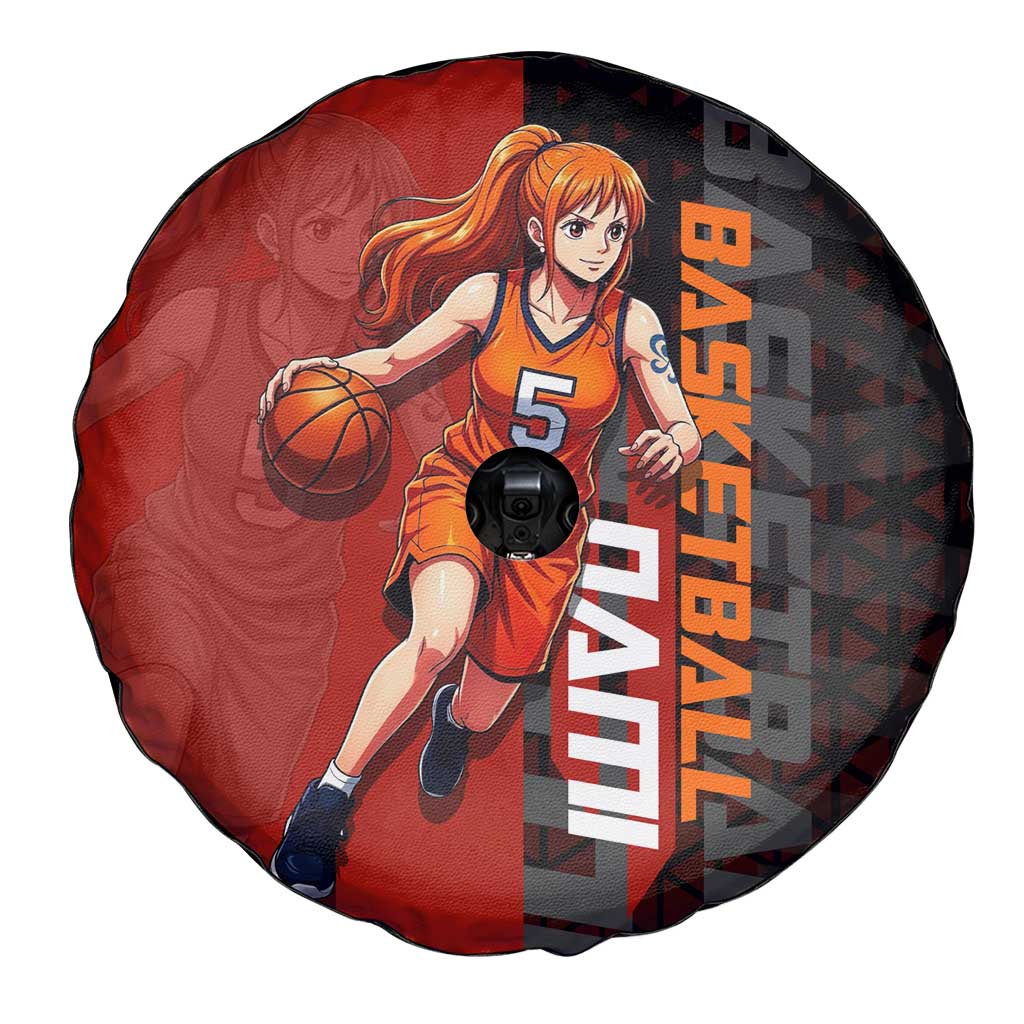 Nami One Piece Basketball Theme Red and Black Design Spare Tire Cover with Action Pose and Straw Hat Logo - The Mazicc