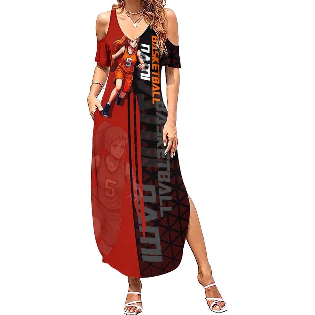 Nami One Piece Basketball Theme Red and Black Design Summer Maxi Dress with Action Pose and Straw Hat Logo - The Mazicc