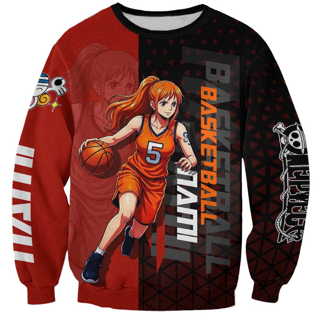 Nami One Piece Basketball Theme Red and Black Design Sweatshirt with Action Pose and Straw Hat Logo - The Mazicc