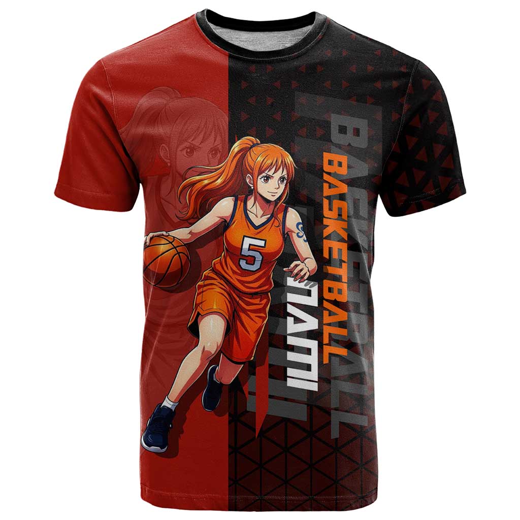 Nami One Piece Basketball Theme Red and Black Design T Shirt with Action Pose and Straw Hat Logo - The Mazicc
