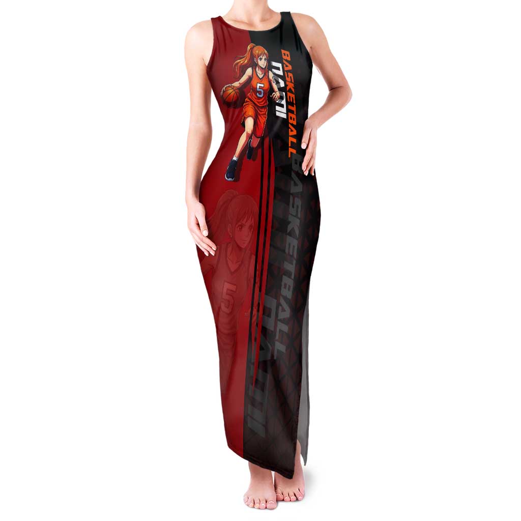 Nami One Piece Basketball Theme Red and Black Design Tank Maxi Dress with Action Pose and Straw Hat Logo - The Mazicc