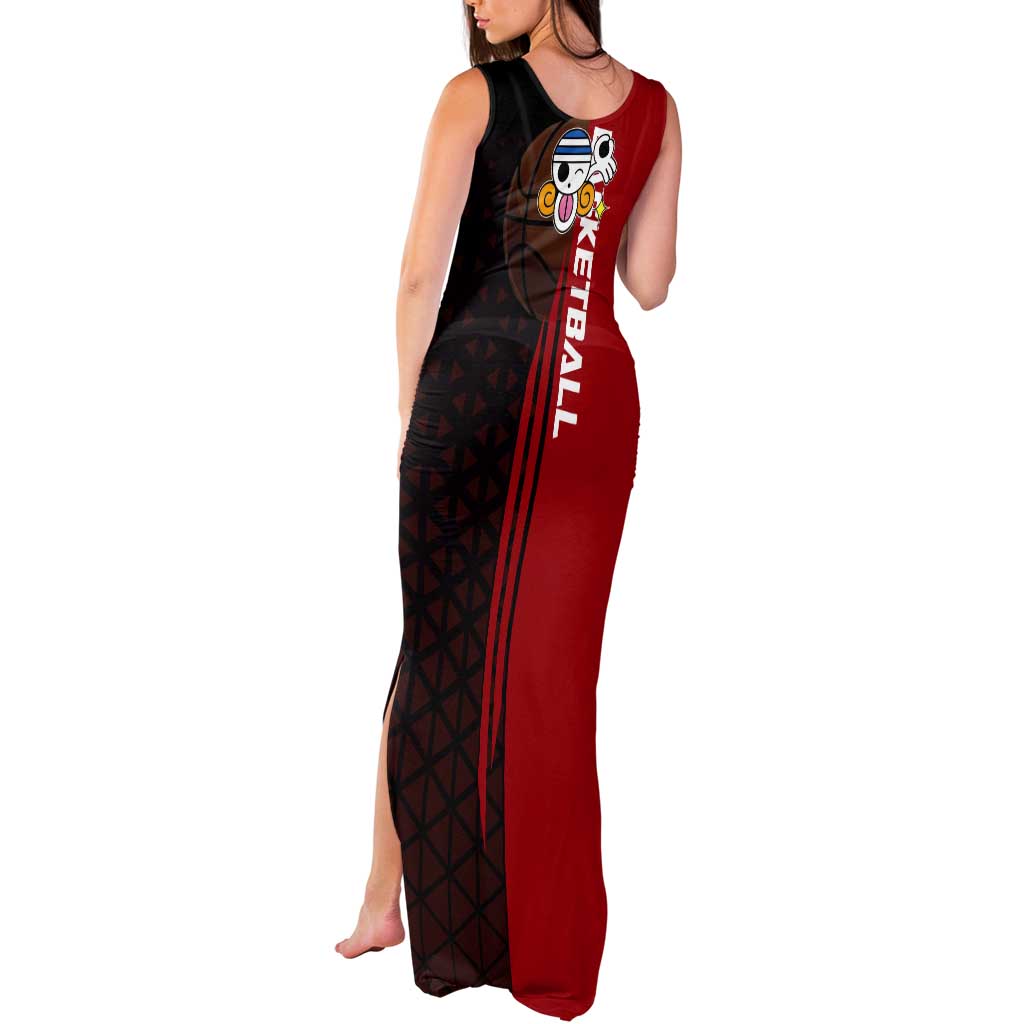Nami One Piece Basketball Theme Red and Black Design Tank Maxi Dress with Action Pose and Straw Hat Logo - The Mazicc