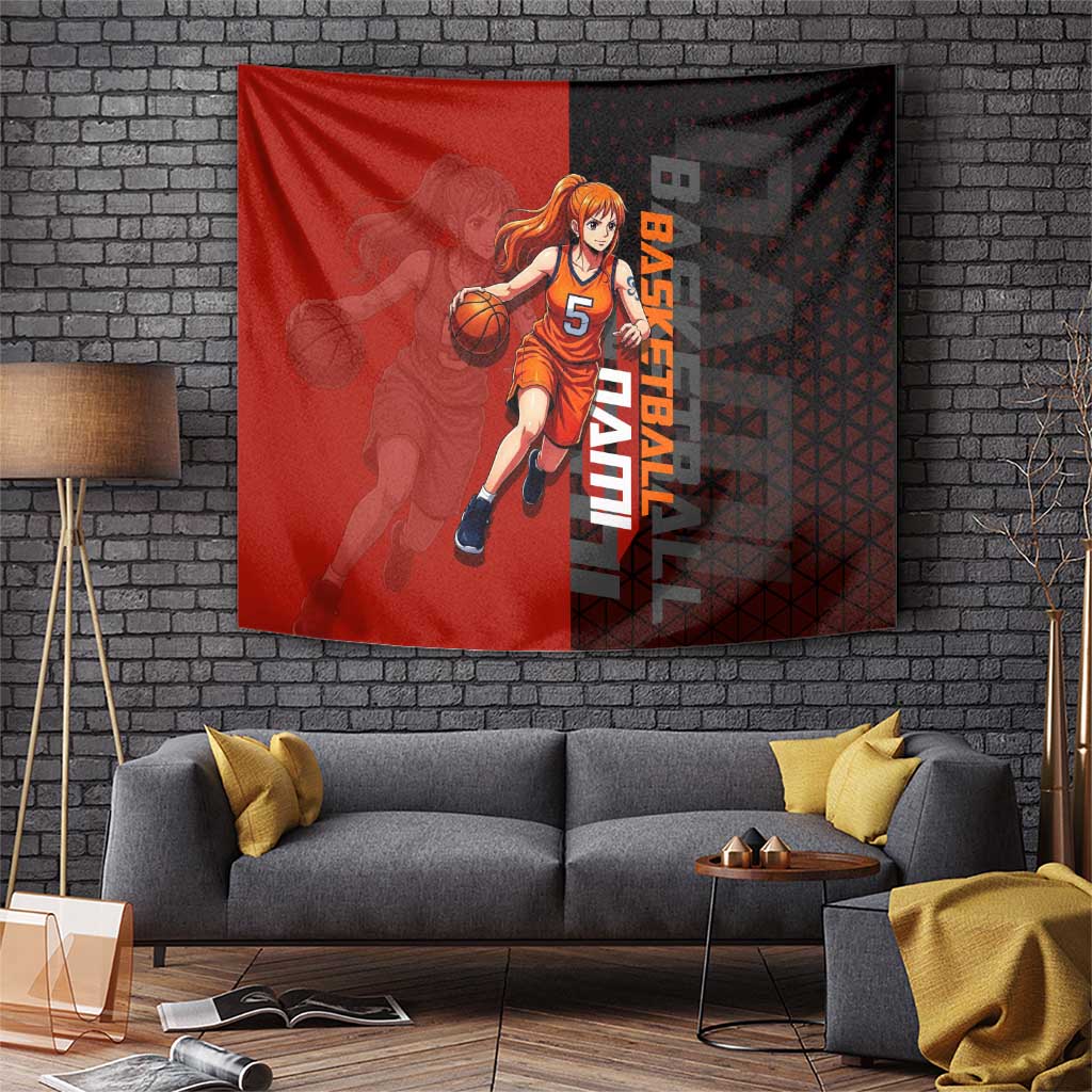 Nami One Piece Basketball Theme Red and Black Design Tapestry with Action Pose and Straw Hat Logo - The Mazicc