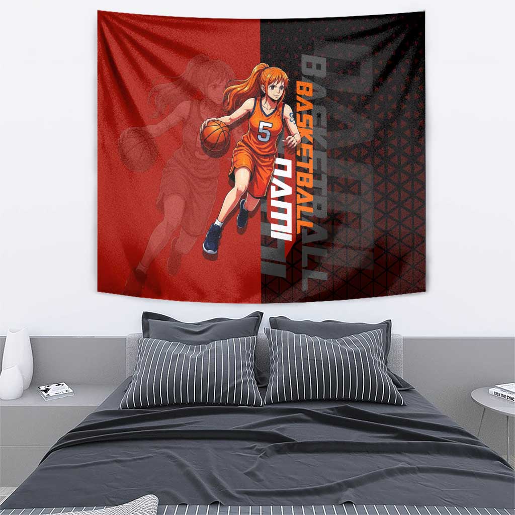 Nami One Piece Basketball Theme Red and Black Design Tapestry with Action Pose and Straw Hat Logo - The Mazicc