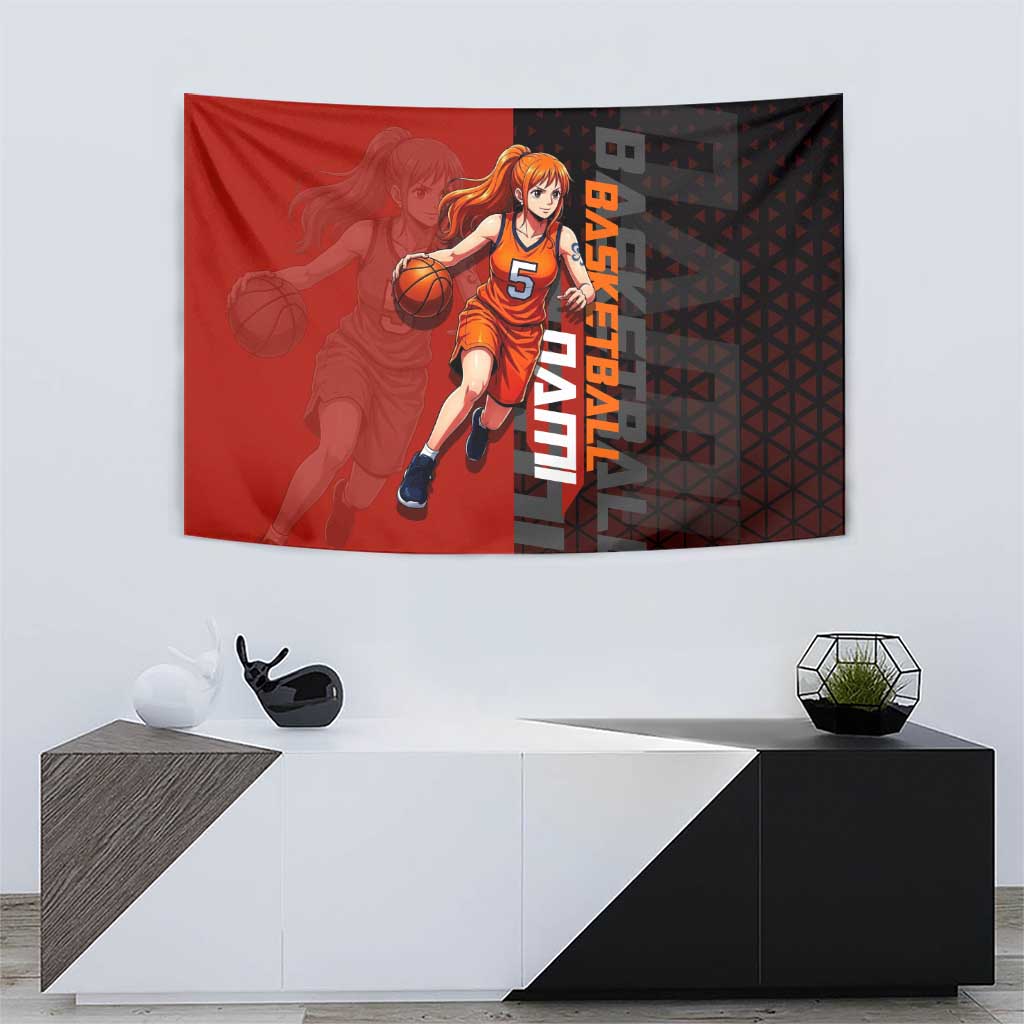Nami One Piece Basketball Theme Red and Black Design Tapestry with Action Pose and Straw Hat Logo - The Mazicc