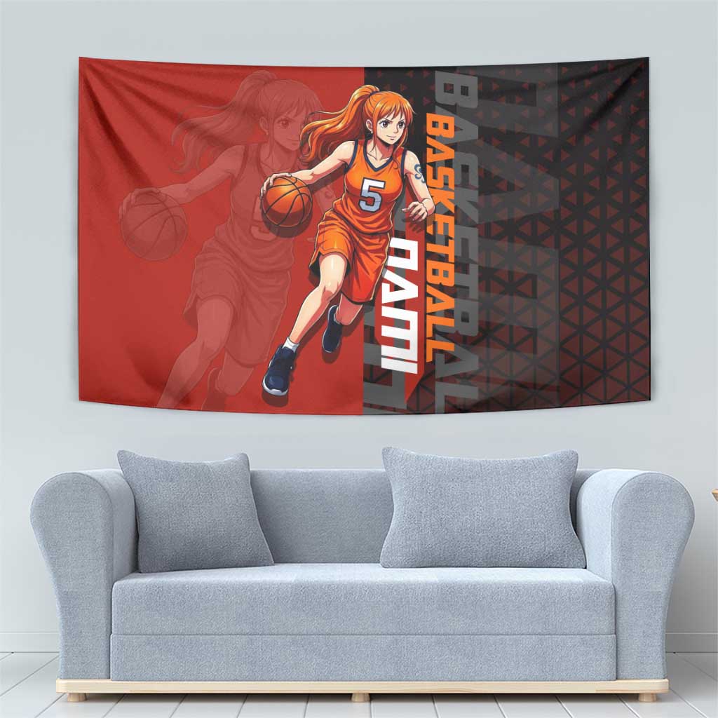 Nami One Piece Basketball Theme Red and Black Design Tapestry with Action Pose and Straw Hat Logo - The Mazicc