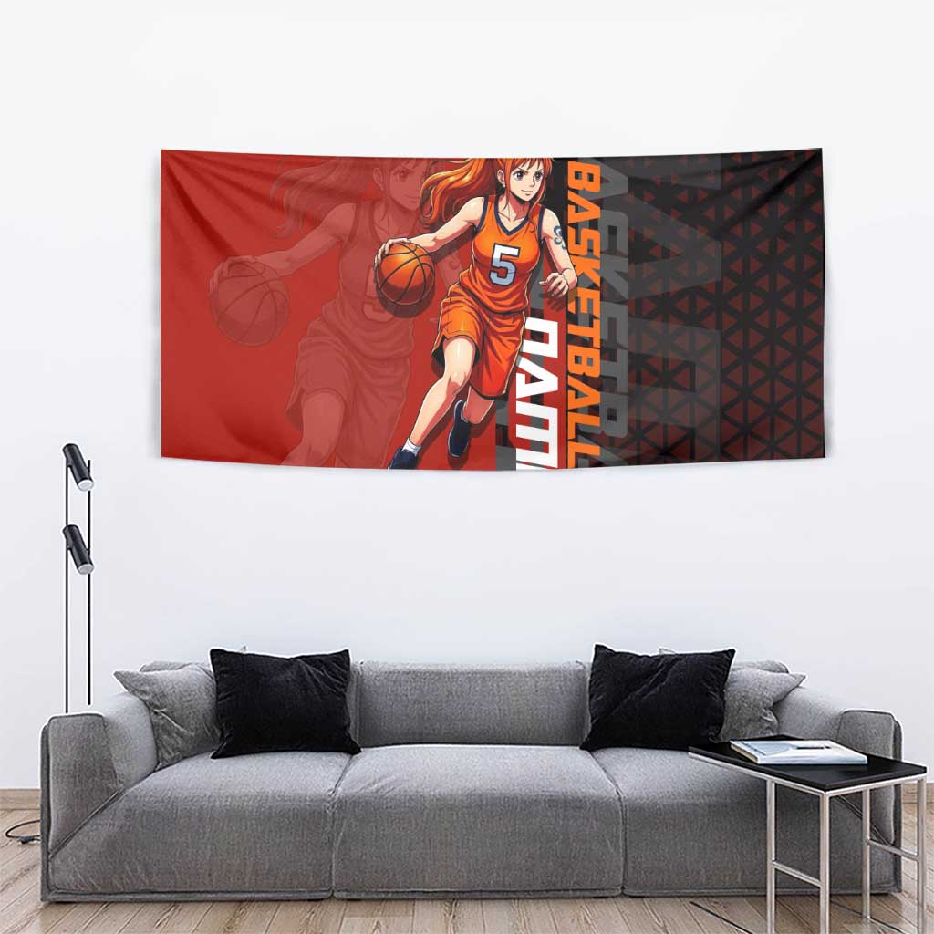 Nami One Piece Basketball Theme Red and Black Design Tapestry with Action Pose and Straw Hat Logo - The Mazicc