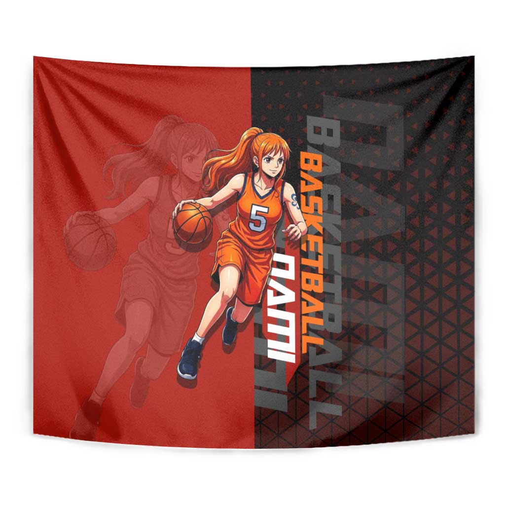 Nami One Piece Basketball Theme Red and Black Design Tapestry with Action Pose and Straw Hat Logo - The Mazicc