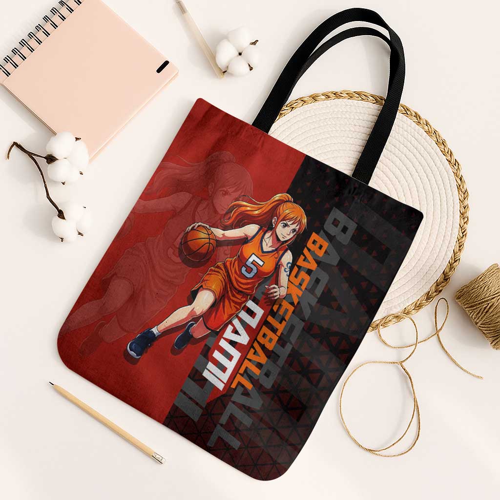 Nami One Piece Basketball Theme Red and Black Design Tote Bag with Action Pose and Straw Hat Logo - The Mazicc