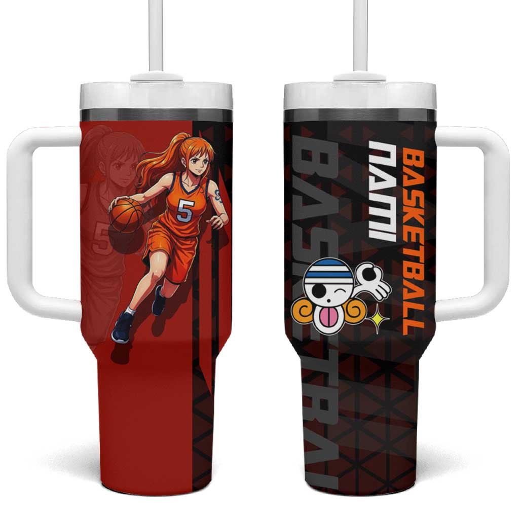 Nami One Piece Basketball Theme Red and Black Design Tumbler With Handle with Action Pose and Straw Hat Logo - The Mazicc