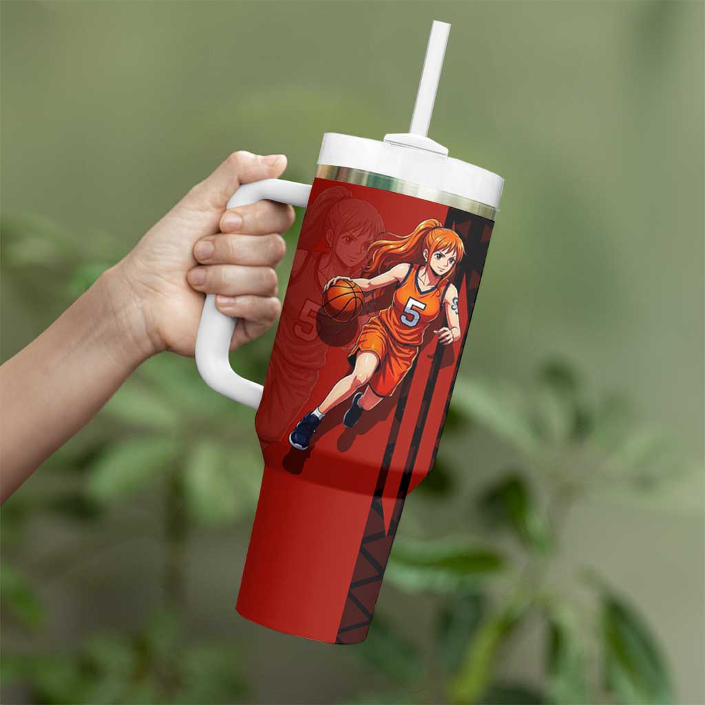Nami One Piece Basketball Theme Red and Black Design Tumbler With Handle with Action Pose and Straw Hat Logo - The Mazicc