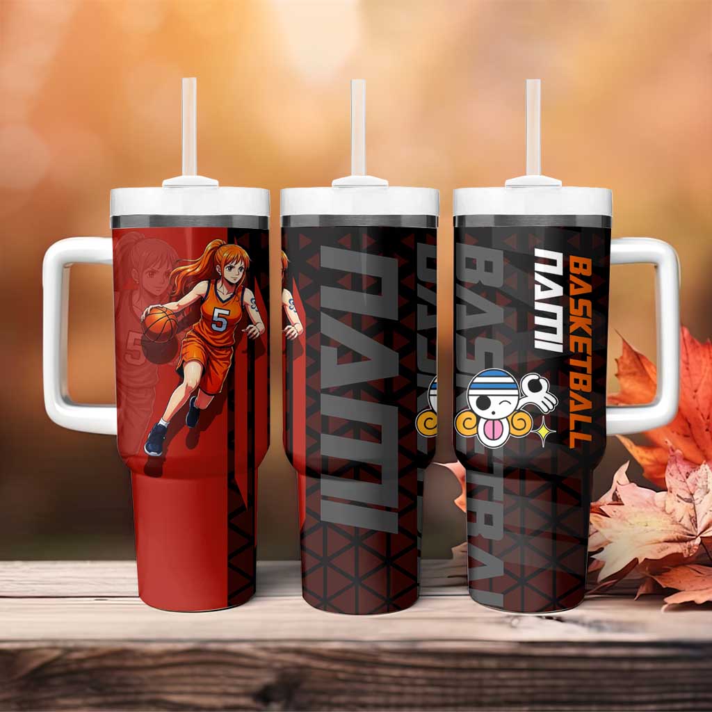 Nami One Piece Basketball Theme Red and Black Design Tumbler With Handle with Action Pose and Straw Hat Logo - The Mazicc