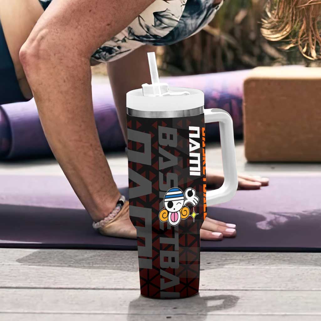 Nami One Piece Basketball Theme Red and Black Design Tumbler With Handle with Action Pose and Straw Hat Logo - The Mazicc