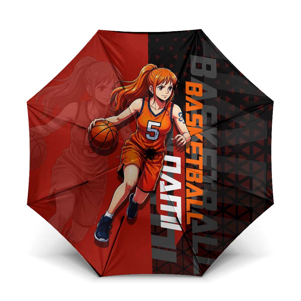 Nami One Piece Basketball Theme Red and Black Design Umbrella with Action Pose and Straw Hat Logo - The Mazicc