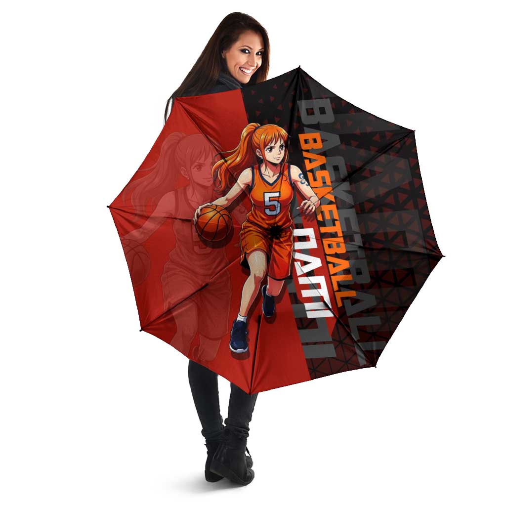 Nami One Piece Basketball Theme Red and Black Design Umbrella with Action Pose and Straw Hat Logo - The Mazicc