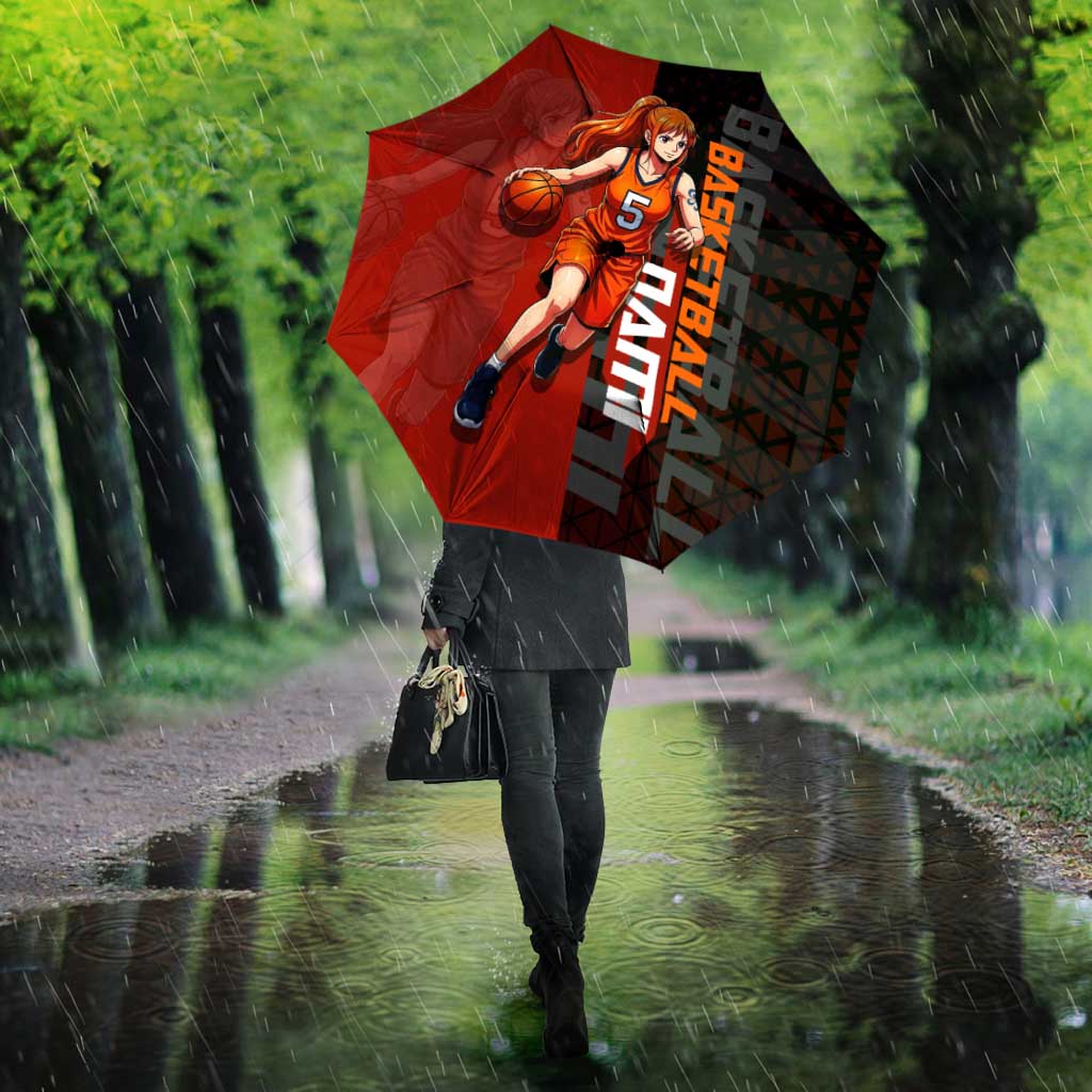 Nami One Piece Basketball Theme Red and Black Design Umbrella with Action Pose and Straw Hat Logo - The Mazicc