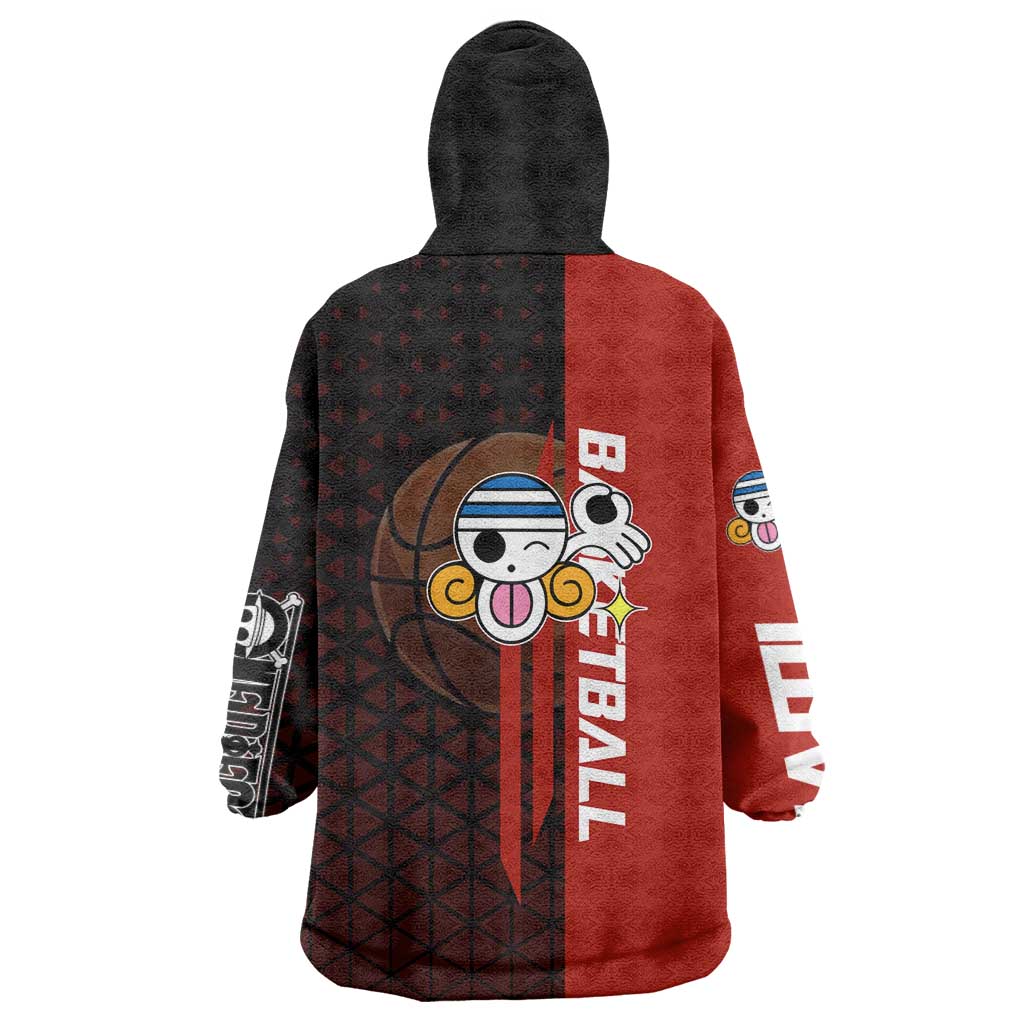 Nami One Piece Basketball Theme Red and Black Design Wearable Blanket Hoodie with Action Pose and Straw Hat Logo - The Mazicc