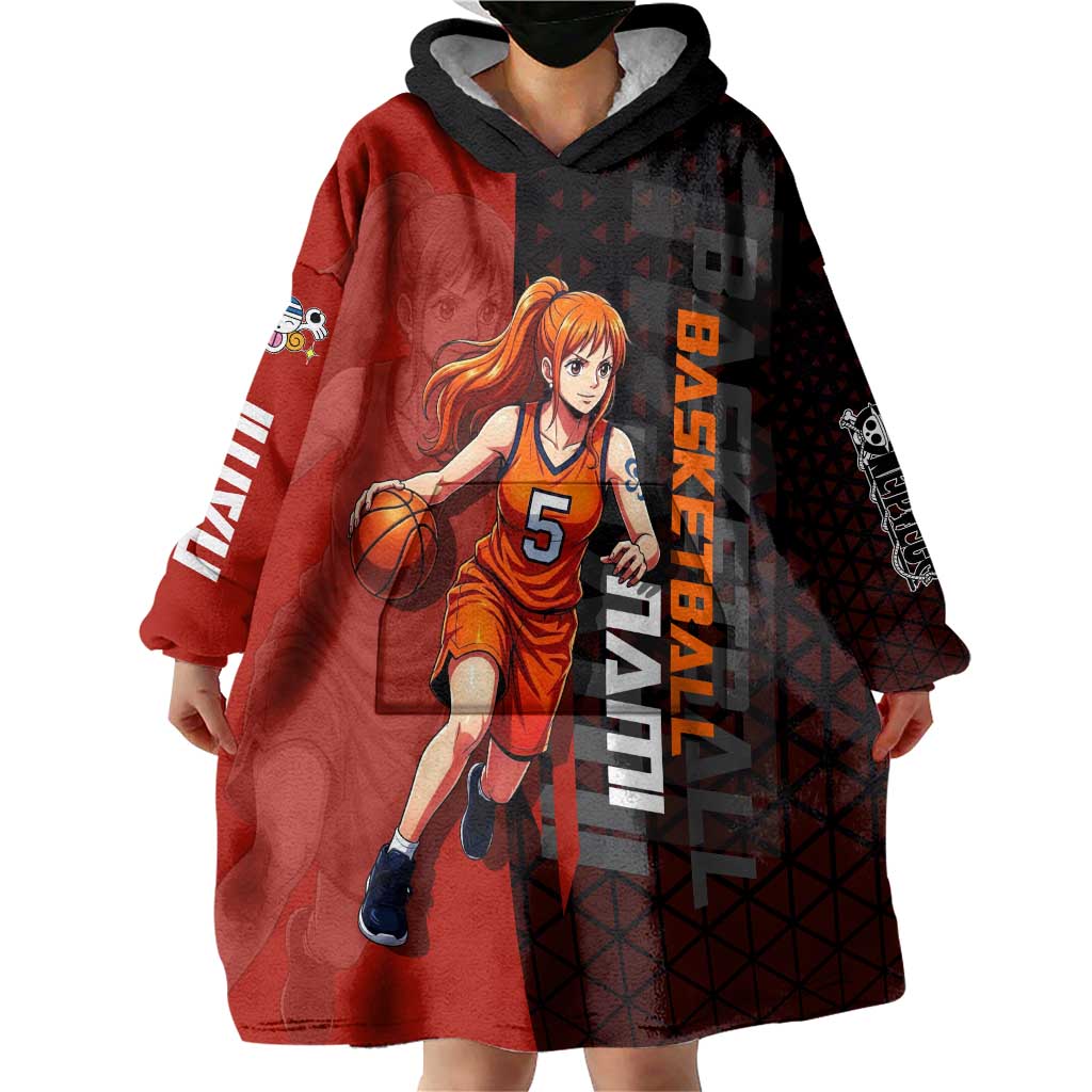 Nami One Piece Basketball Theme Red and Black Design Wearable Blanket Hoodie with Action Pose and Straw Hat Logo - The Mazicc