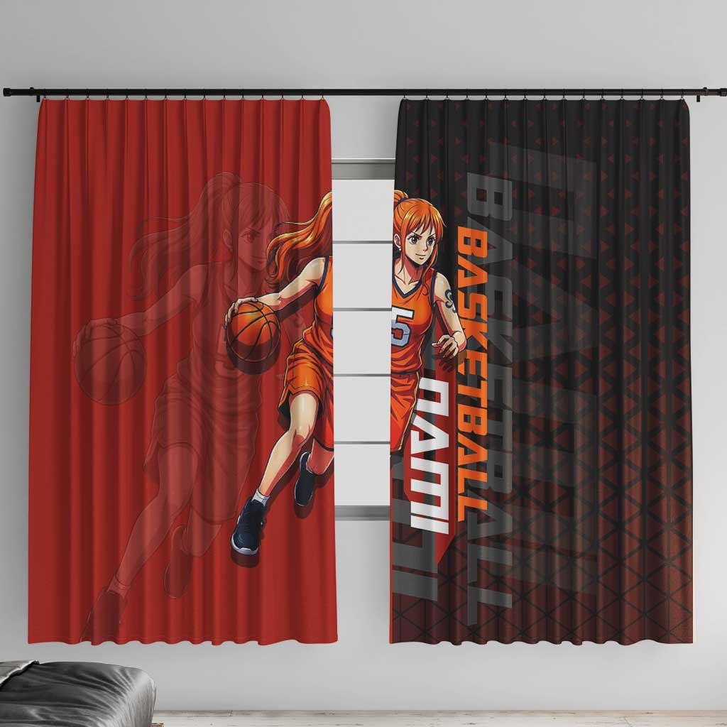 Nami One Piece Basketball Theme Red and Black Design Window Curtain with Action Pose and Straw Hat Logo - The Mazicc
