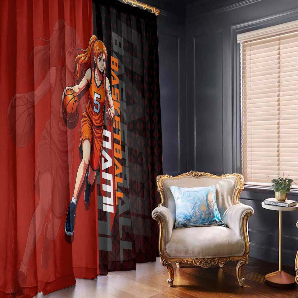Nami One Piece Basketball Theme Red and Black Design Window Curtain with Action Pose and Straw Hat Logo - The Mazicc
